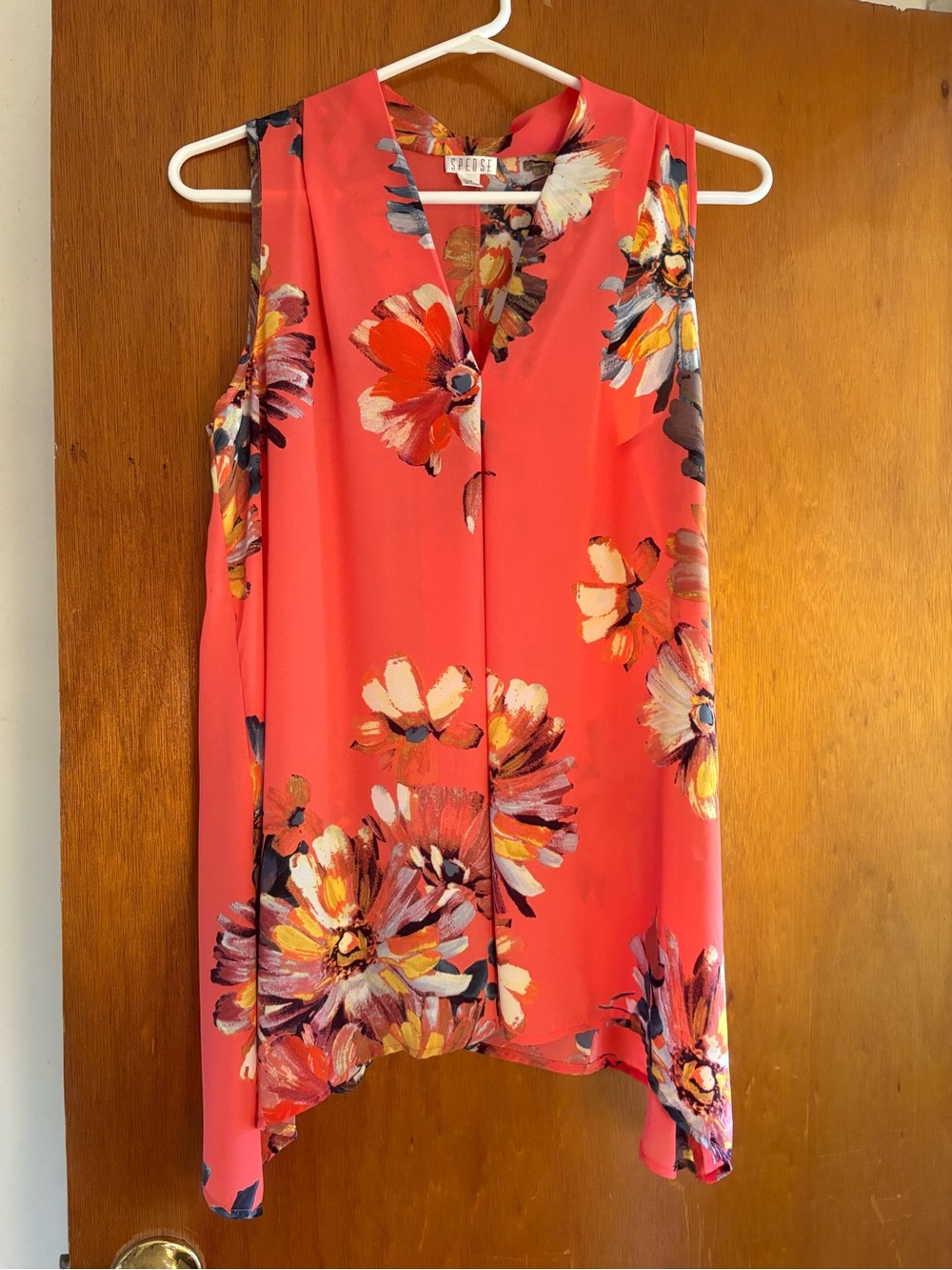Sleeveless Coral Floral V-Neck Blouse by SPENSE